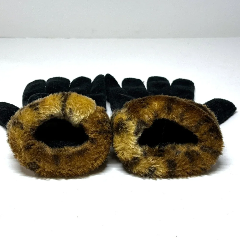 Knit Gloves Women One‎ Size Black Excellent Leopard Faux Fur Trim RM87227